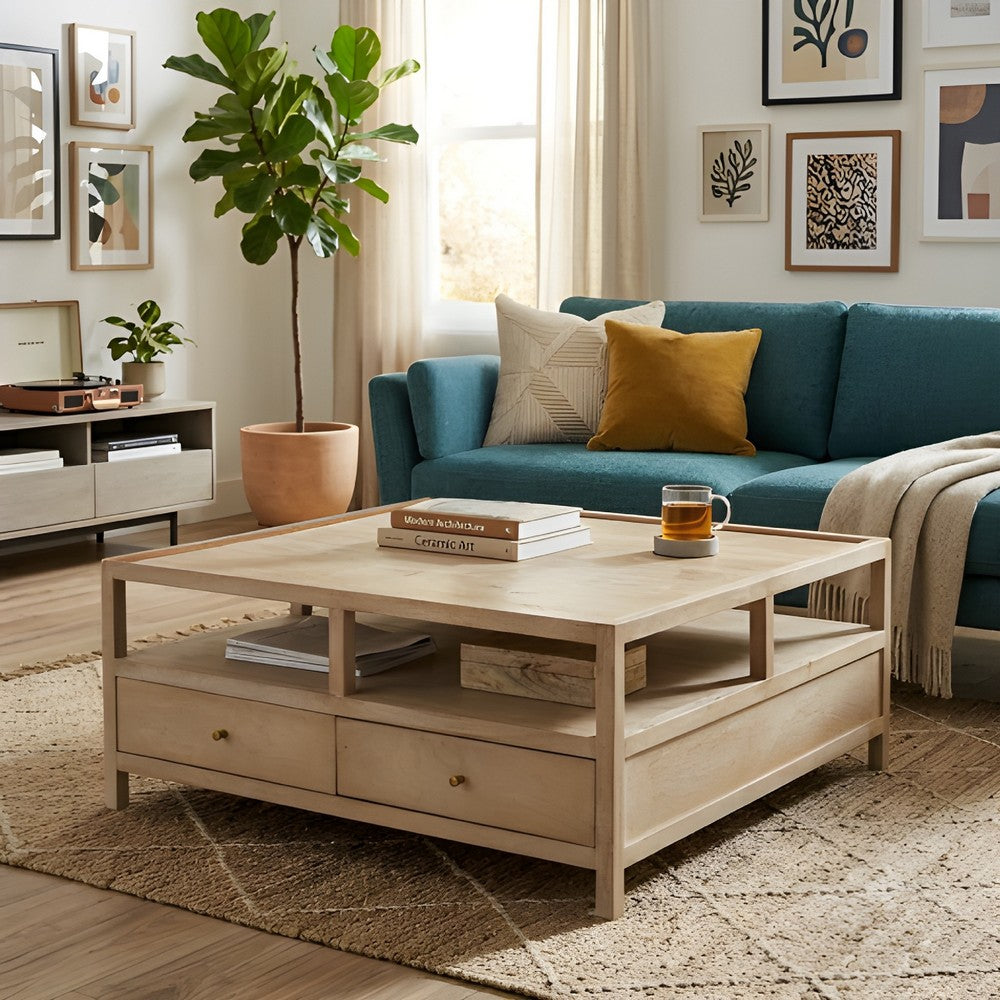 Hika 45 Inch Square Coffee Table, 4 Storage Drawers and Open Shelf, Light Brown Mango Wood - UPT-350838