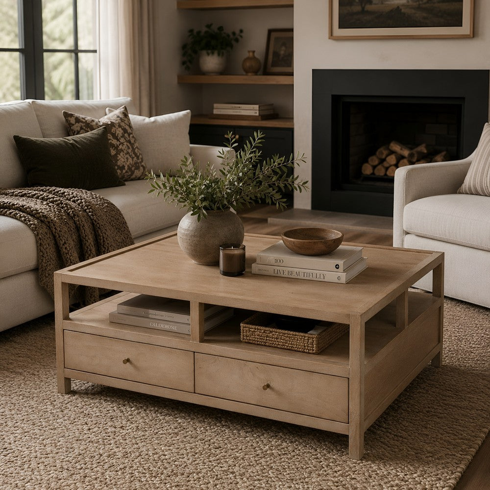 Hika 45 Inch Square Coffee Table, 4 Storage Drawers and Open Shelf, Light Brown Mango Wood - UPT-350838