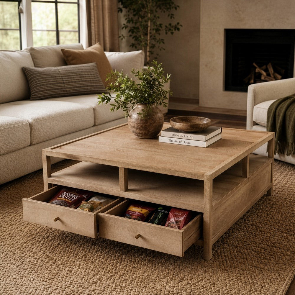 Hika 45 Inch Square Coffee Table, 4 Storage Drawers and Open Shelf, Light Brown Mango Wood - UPT-350838