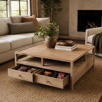 Hika 45 Inch Square Coffee Table, 4 Storage Drawers and Open Shelf, Light Brown Mango Wood - UPT-350838