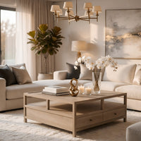 Hika 45 Inch Square Coffee Table, 4 Storage Drawers and Open Shelf, Light Brown Mango Wood - UPT-350838
