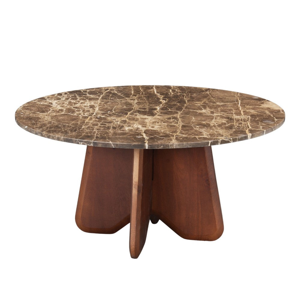 Zena 36 Inch Round Coffee Table, Spainish Emperador Marble Top, Brown Mango Wood Cross Legs - UPT-351758