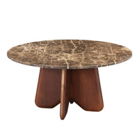 Zena 36 Inch Round Coffee Table, Spainish Emperador Marble Top, Brown Mango Wood Cross Legs - UPT-351758