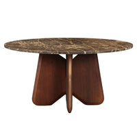 Zena 36 Inch Round Coffee Table, Spainish Emperador Marble Top, Brown Mango Wood Cross Legs - UPT-351758