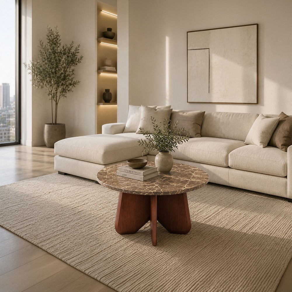 Zena 36 Inch Round Coffee Table, Spainish Emperador Marble Top, Brown Mango Wood Cross Legs - UPT-351758