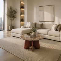 Zena 36 Inch Round Coffee Table, Spainish Emperador Marble Top, Brown Mango Wood Cross Legs - UPT-351758
