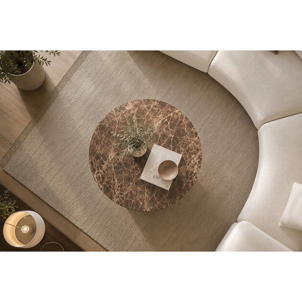 Zena 36 Inch Round Coffee Table, Spainish Emperador Marble Top, Brown Mango Wood Cross Legs - UPT-351758