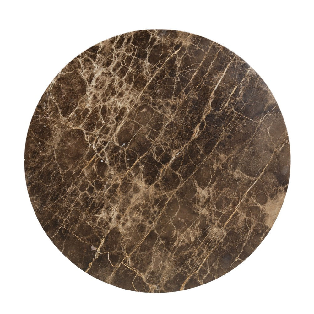 Zena 36 Inch Round Coffee Table, Spainish Emperador Marble Top, Brown Mango Wood Cross Legs - UPT-351758