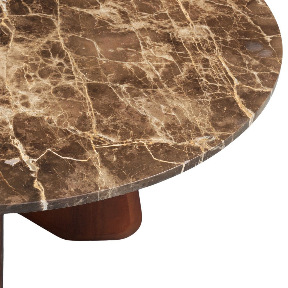 Zena 36 Inch Round Coffee Table, Spainish Emperador Marble Top, Brown Mango Wood Cross Legs - UPT-351758