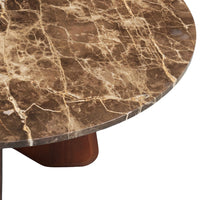 Zena 36 Inch Round Coffee Table, Spainish Emperador Marble Top, Brown Mango Wood Cross Legs - UPT-351758