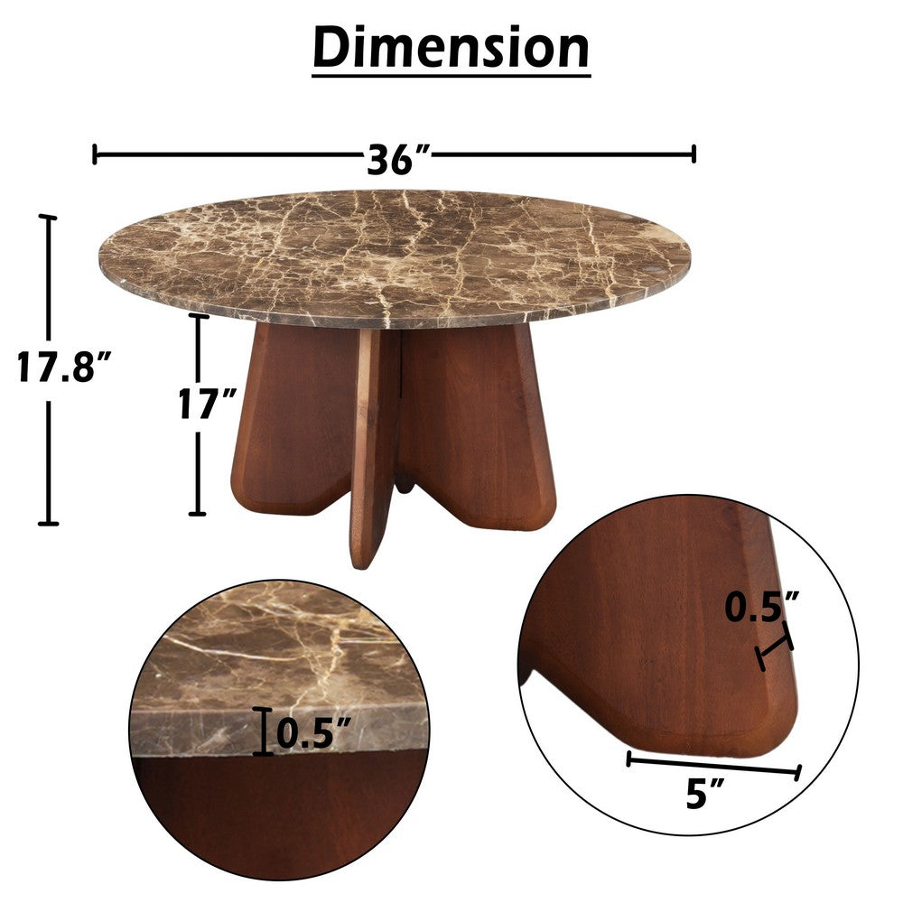 Zena 36 Inch Round Coffee Table, Spainish Emperador Marble Top, Brown Mango Wood Cross Legs - UPT-351758