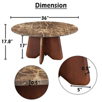 Zena 36 Inch Round Coffee Table, Spainish Emperador Marble Top, Brown Mango Wood Cross Legs - UPT-351758