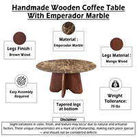 Zena 36 Inch Round Coffee Table, Spainish Emperador Marble Top, Brown Mango Wood Cross Legs - UPT-351758