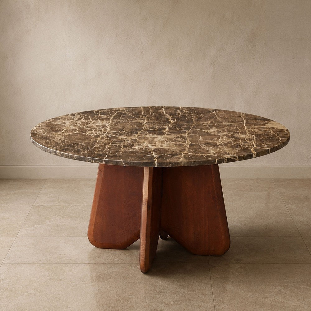 Zena 36 Inch Round Coffee Table, Spainish Emperador Marble Top, Brown Mango Wood Cross Legs - UPT-351758