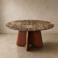 Zena 36 Inch Round Coffee Table, Spainish Emperador Marble Top, Brown Mango Wood Cross Legs - UPT-351758