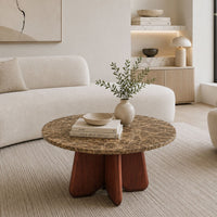 Zena 36 Inch Round Coffee Table, Spainish Emperador Marble Top, Brown Mango Wood Cross Legs - UPT-351758