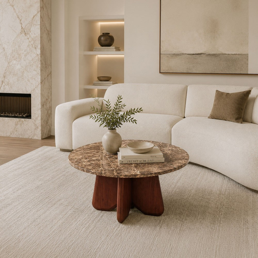 Zena 36 Inch Round Coffee Table, Spainish Emperador Marble Top, Brown Mango Wood Cross Legs - UPT-351758