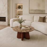 Zena 36 Inch Round Coffee Table, Spainish Emperador Marble Top, Brown Mango Wood Cross Legs - UPT-351758