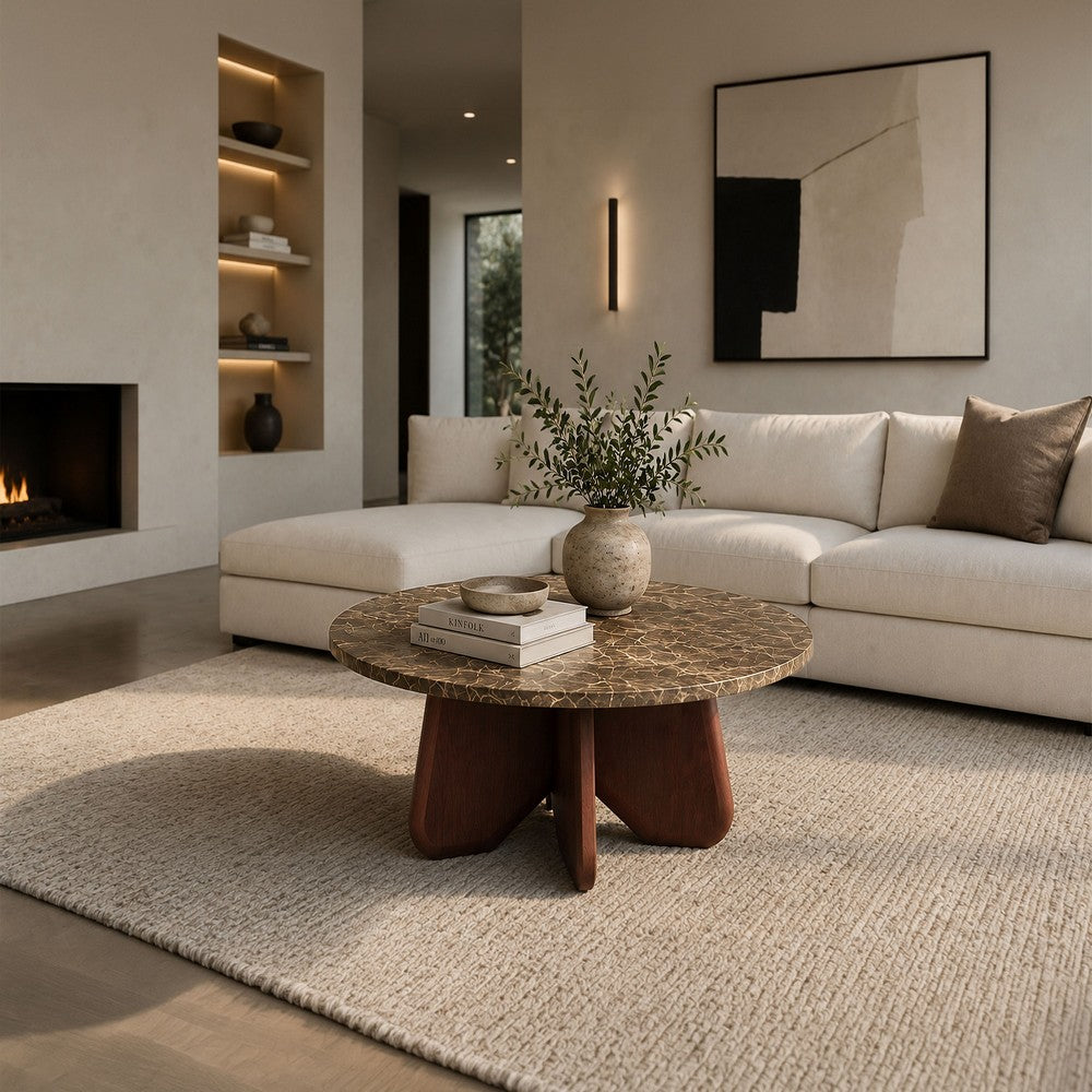Zena 36 Inch Round Coffee Table, Spainish Emperador Marble Top, Brown Mango Wood Cross Legs - UPT-351758
