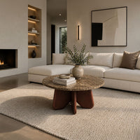 Zena 36 Inch Round Coffee Table, Spainish Emperador Marble Top, Brown Mango Wood Cross Legs - UPT-351758