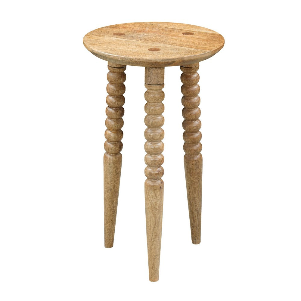 Geya Round Side Table, Tripod Spindle Legs, Natural Brown Mango Wood, 24 Inch High - UPT-351759