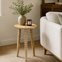 Geya Round Side Table, Tripod Spindle Legs, Natural Brown Mango Wood, 24 Inch High - UPT-351759