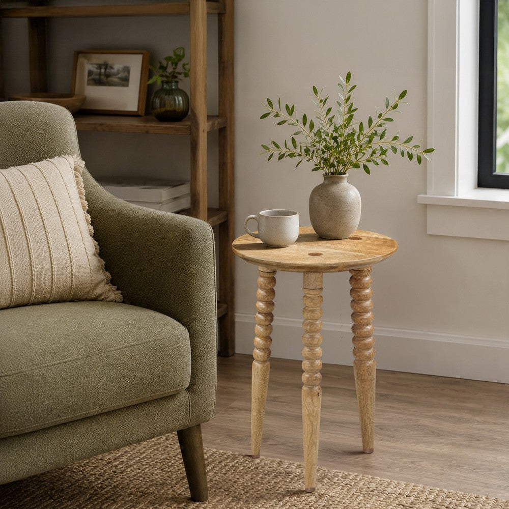Geya Round Side Table, Tripod Spindle Legs, Natural Brown Mango Wood, 24 Inch High - UPT-351759