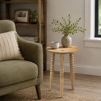 Geya Round Side Table, Tripod Spindle Legs, Natural Brown Mango Wood, 24 Inch High - UPT-351759