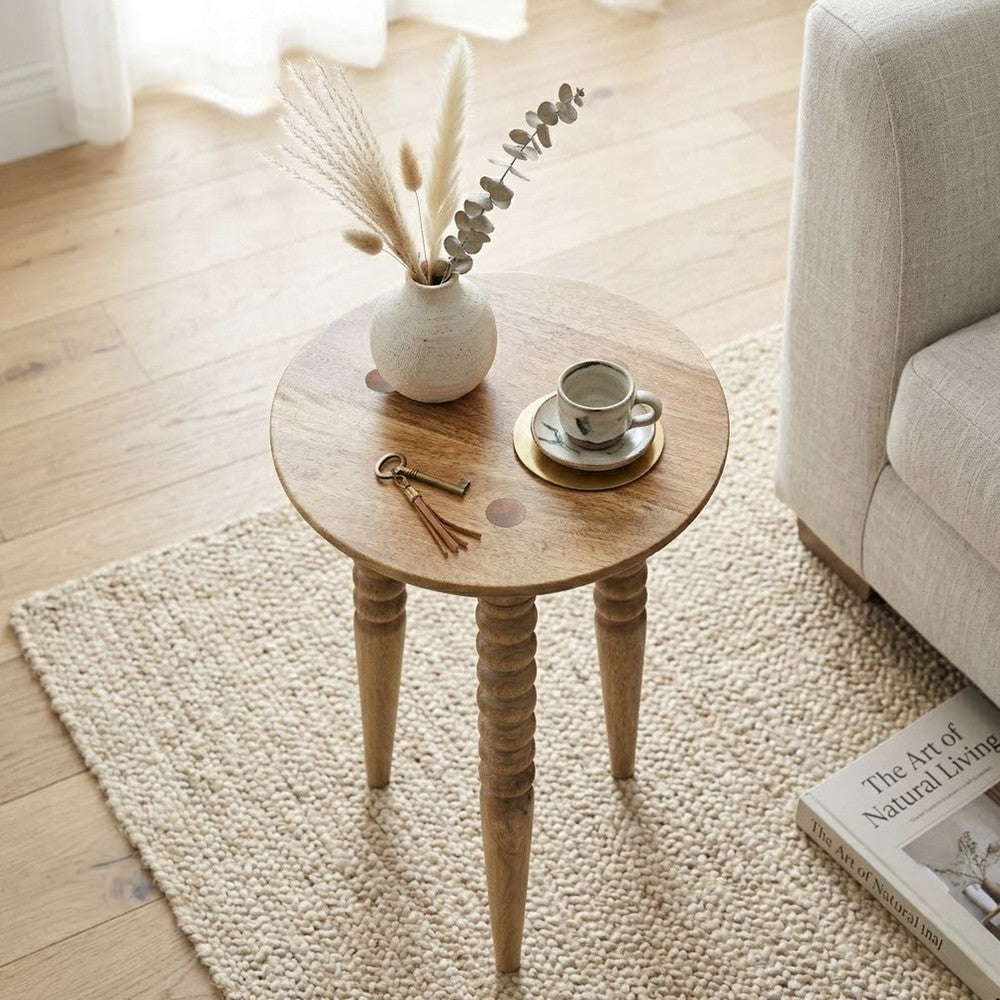 Geya Round Side Table, Tripod Spindle Legs, Natural Brown Mango Wood, 24 Inch High - UPT-351759