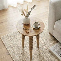 Geya Round Side Table, Tripod Spindle Legs, Natural Brown Mango Wood, 24 Inch High - UPT-351759
