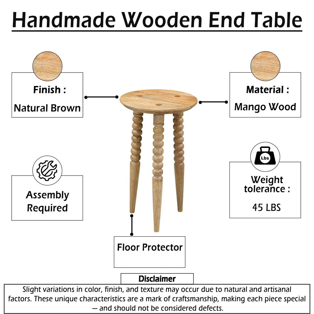 Geya Round Side Table, Tripod Spindle Legs, Natural Brown Mango Wood, 24 Inch High - UPT-351759