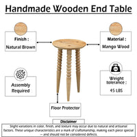 Geya Round Side Table, Tripod Spindle Legs, Natural Brown Mango Wood, 24 Inch High - UPT-351759