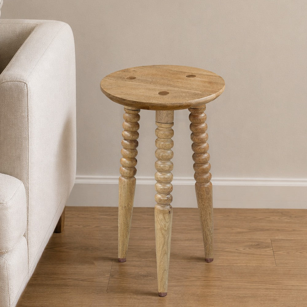 Geya Round Side Table, Tripod Spindle Legs, Natural Brown Mango Wood, 24 Inch High - UPT-351759