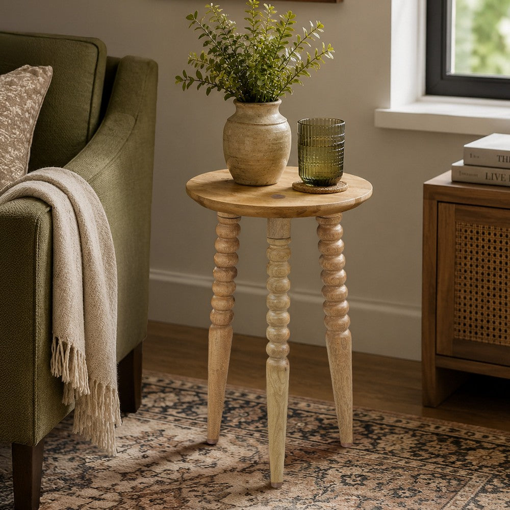 Geya Round Side Table, Tripod Spindle Legs, Natural Brown Mango Wood, 24 Inch High - UPT-351759