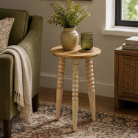 Geya Round Side Table, Tripod Spindle Legs, Natural Brown Mango Wood, 24 Inch High - UPT-351759