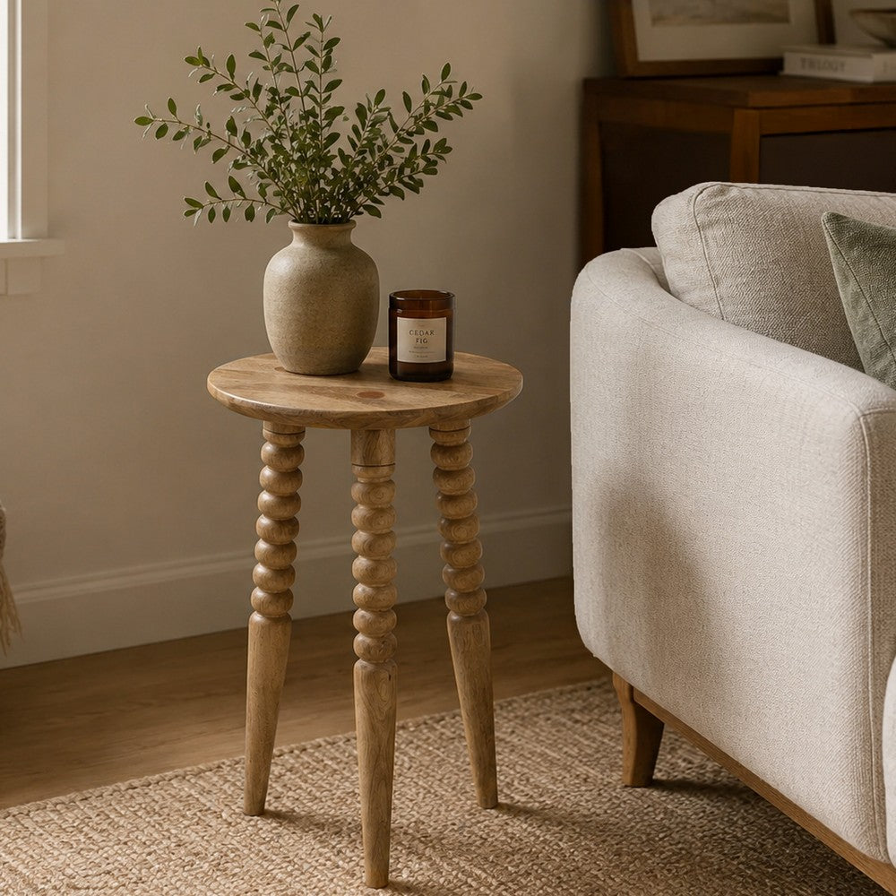 Geya Round Side Table, Tripod Spindle Legs, Natural Brown Mango Wood, 24 Inch High - UPT-351759