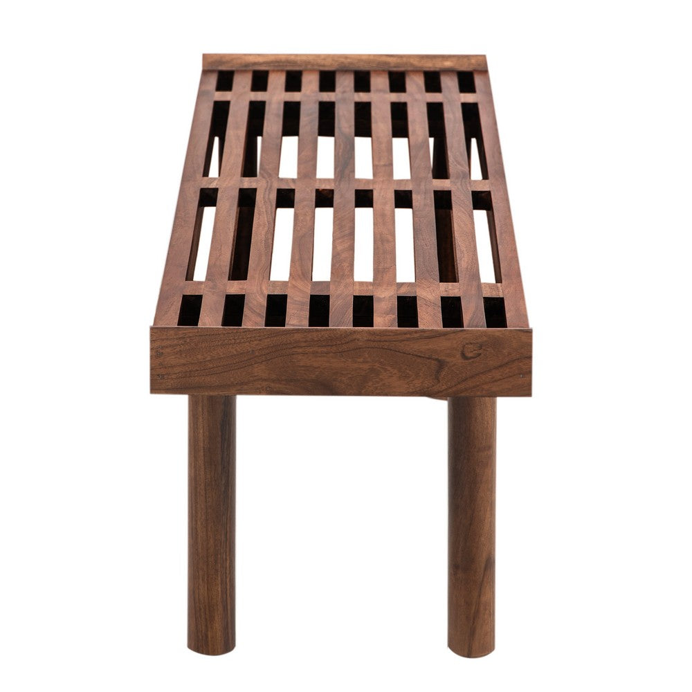 Amy Indoor Outdoor Bench, 54 Inch Slatted Seat, Cylindrical Legs, Walnut Brown Acacia Wood - UPT-351986