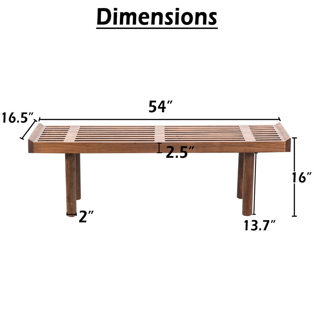 Amy Indoor Outdoor Bench, 54 Inch Slatted Seat, Cylindrical Legs, Walnut Brown Acacia Wood - UPT-351986