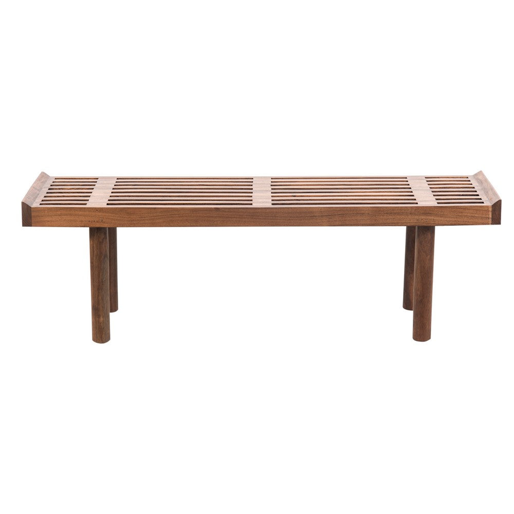 Amy Indoor Outdoor Bench, 54 Inch Slatted Seat, Cylindrical Legs, Walnut Brown Acacia Wood - UPT-351986