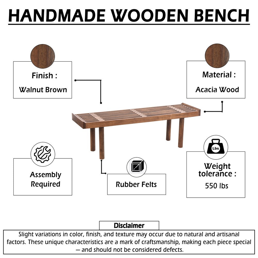 Amy Indoor Outdoor Bench, 54 Inch Slatted Seat, Cylindrical Legs, Walnut Brown Acacia Wood - UPT-351986