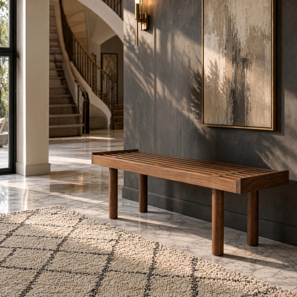Amy Indoor Outdoor Bench, 54 Inch Slatted Seat, Cylindrical Legs, Walnut Brown Acacia Wood - UPT-351986