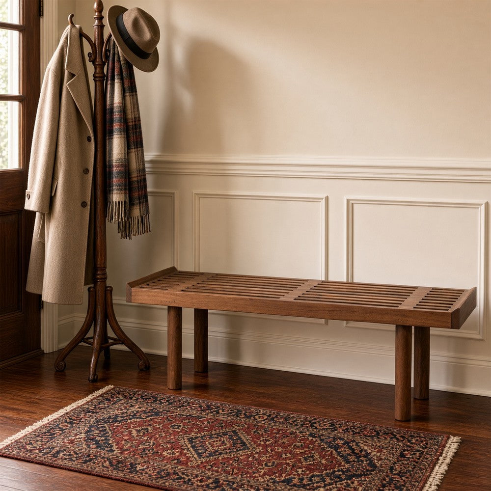Amy Indoor Outdoor Bench, 54 Inch Slatted Seat, Cylindrical Legs, Walnut Brown Acacia Wood - UPT-351986