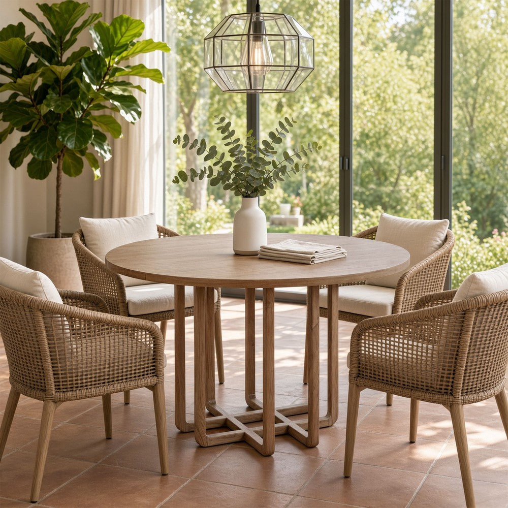 Opus 47 Inch Round Dining Table, Architectural Base, Natural Brown Acacia Wood, Modern Style - UPT-351987