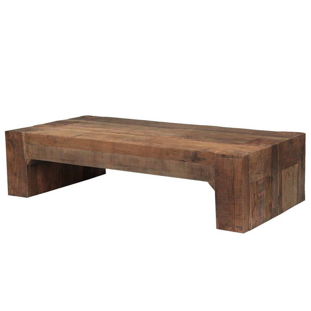 Kiosk 60 Inch Coffee Table, Reclaimed Wood, Rustic Brown Finish, Wide Panel Legs-UPT-352085