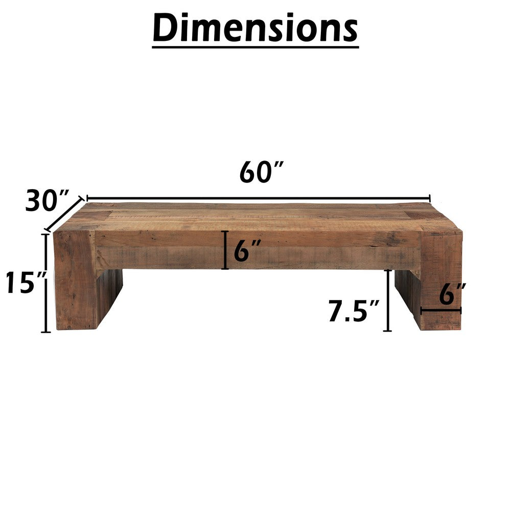 Kiosk 60 Inch Coffee Table, Reclaimed Wood, Rustic Brown Finish, Wide Panel Legs-UPT-352085