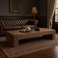Kiosk 60 Inch Coffee Table, Reclaimed Wood, Rustic Brown Finish, Wide Panel Legs-UPT-352085