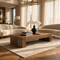 Kiosk 60 Inch Coffee Table, Reclaimed Wood, Rustic Brown Finish, Wide Panel Legs-UPT-352085