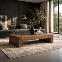 Kiosk 60 Inch Coffee Table, Reclaimed Wood, Rustic Brown Finish, Wide Panel Legs-UPT-352085