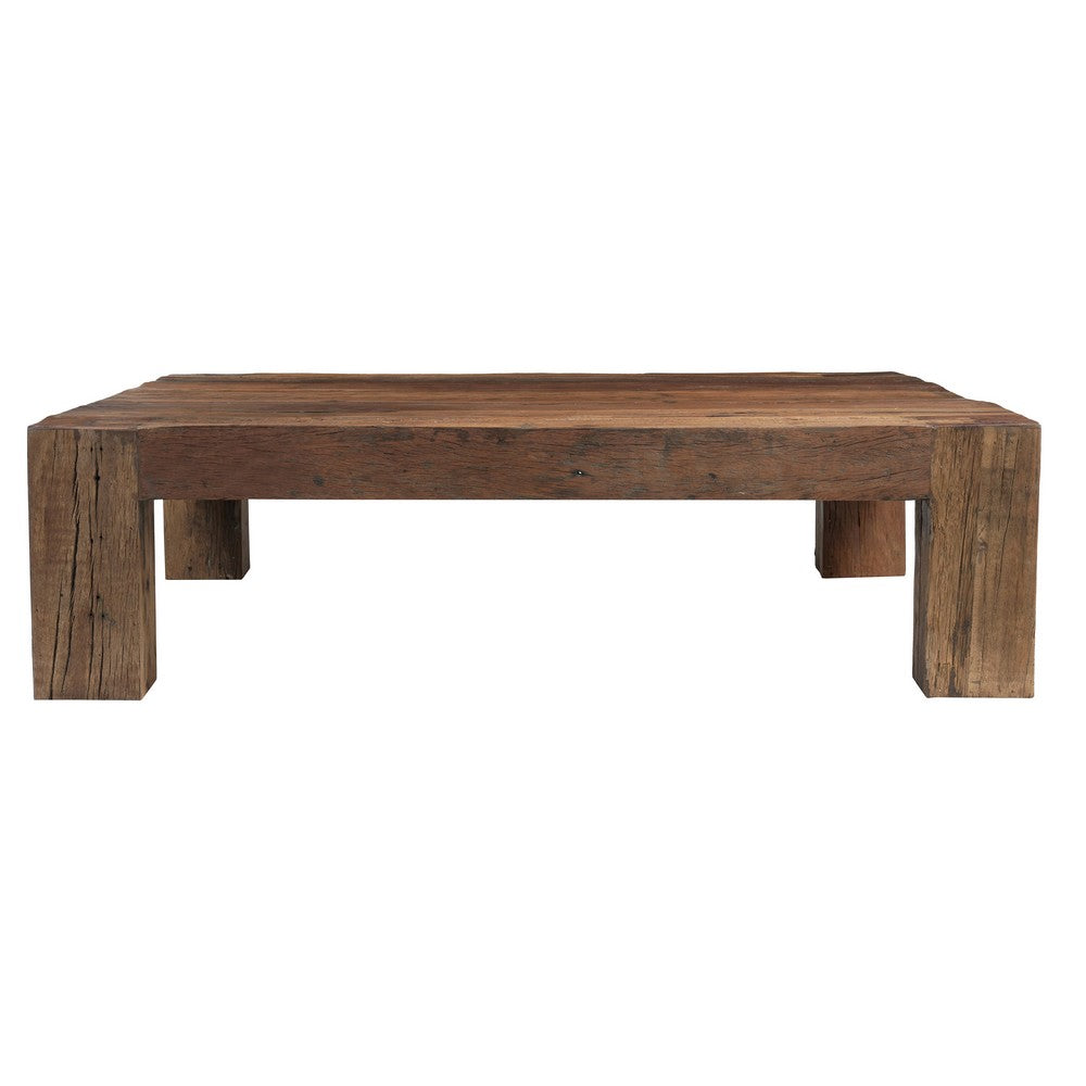 Kiosk 55 Inch Square Coffee Table, Reclaimed Wood, Rustic Brown Finish, Block Style Legs-UPT-352086