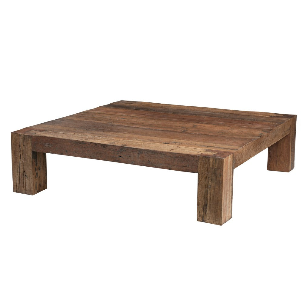 Kiosk 55 Inch Square Coffee Table, Reclaimed Wood, Rustic Brown Finish, Block Style Legs-UPT-352086
